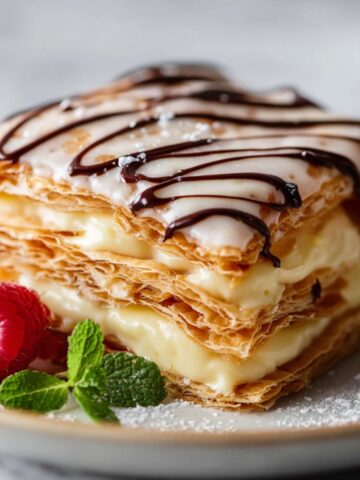 Homemade Mille Feuille pastry with layers of puff pastry, creamy filling, and drizzled chocolate icing, garnished with fresh raspberries and mint leaves.