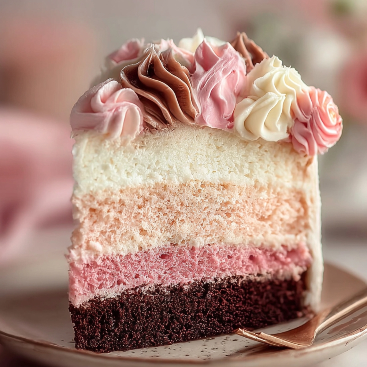 The Best Neapolitan Cake Recipe 10 Homemade Neapolitan Cake with chocolate, vanilla, and pink layers, topped with swirled pink and white buttercream on a plate.
