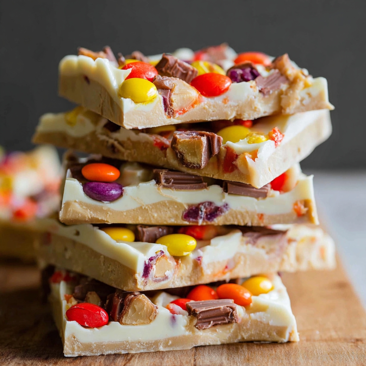 Peanut Butter White Chocolate Bark 13 Homemade Peanut Butter White Chocolate Bark topped with Reese's pieces and peanut butter cups.