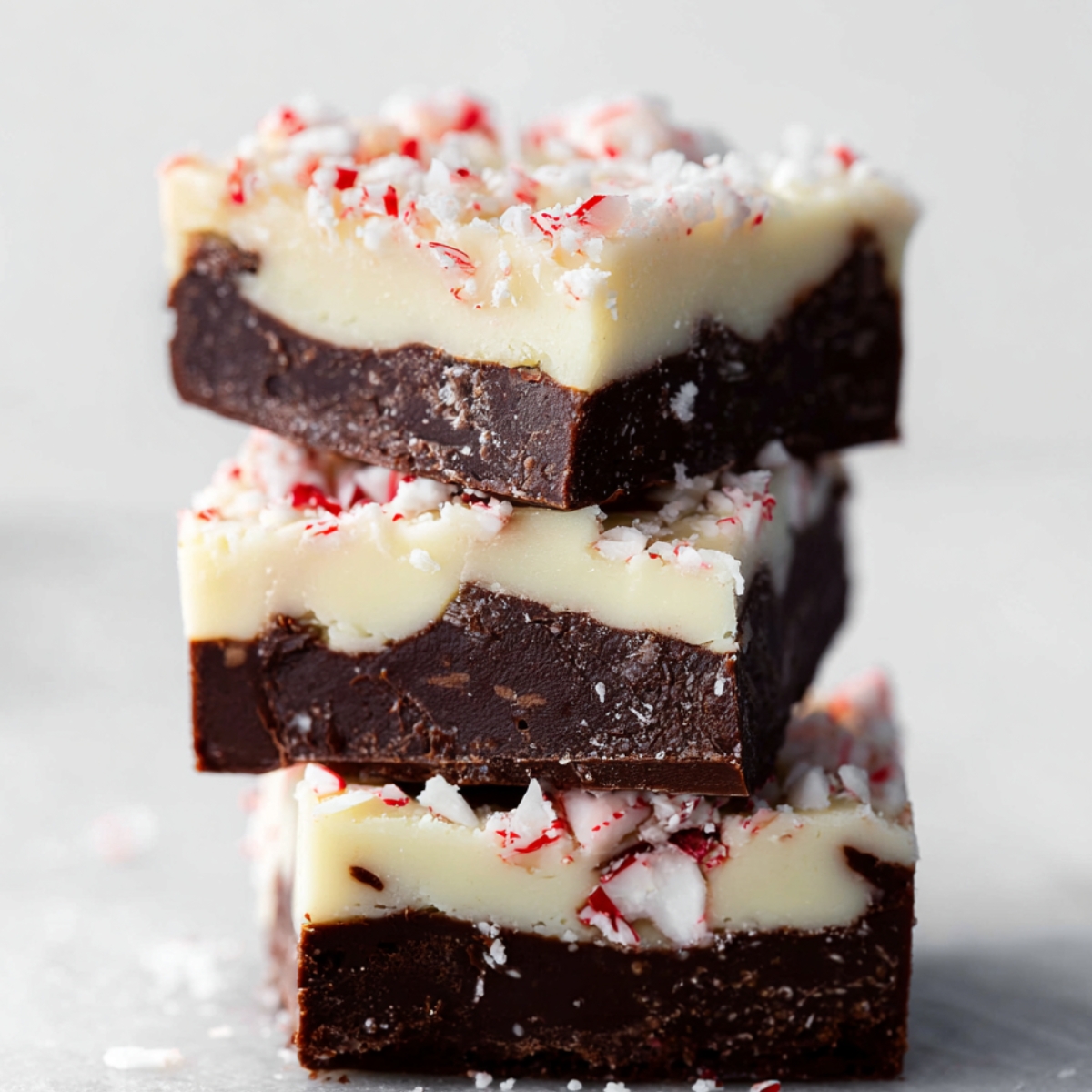 Easy Peppermint Bark Fudge Recipe | No Thermometer 9 Homemade Peppermint Bark Fudge with dark chocolate base and white chocolate top, sprinkled with crushed peppermint pieces.