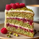 Homemade Pistachio Raspberry Dream Cake with raspberry jam and cream, topped with fresh raspberries and chopped pistachios, sitting on a plate with a few scattered nuts.