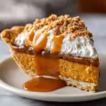 Homemade Pumpkin Caramel Pie topped with whipped cream and cookie crumbs, with caramel sauce dripping down the sides onto the plate.