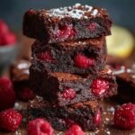 Homemade Raspberry Brownies topped with fresh raspberries and dusted with powdered sugar.