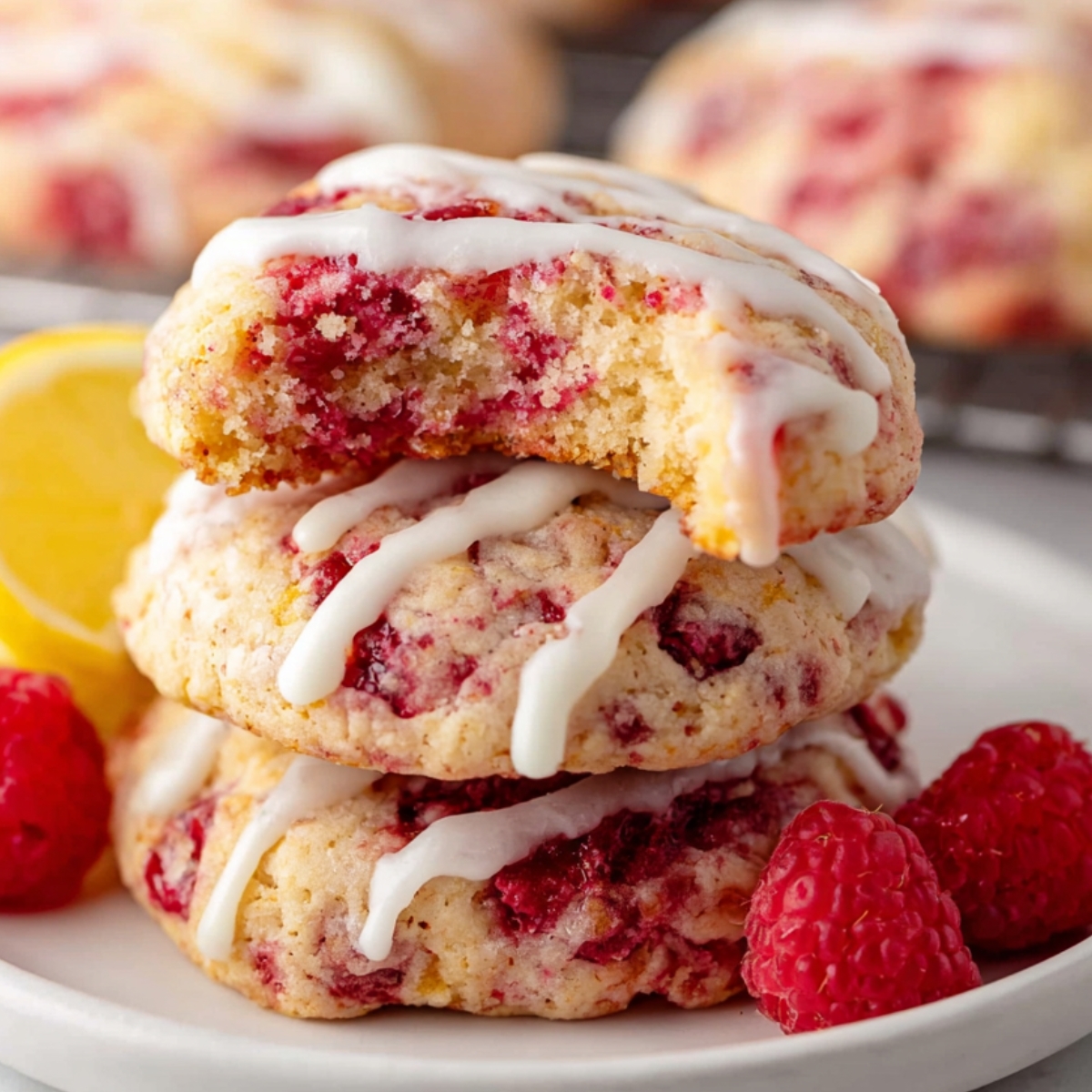 Homemade Raspberry Lemon Cookies with white icing, one bitten into, placed on a white plate with fresh raspberries and a lemon wedge.