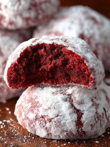 Homemade Red Velvet Snowball Cookies dusted with powdered sugar, one cookie broken open to show the soft red interior.