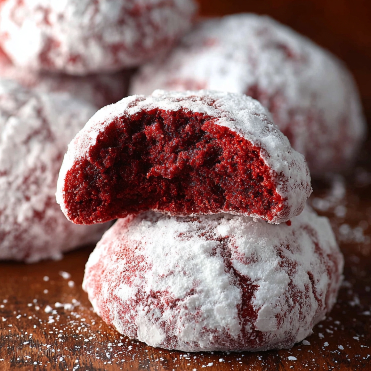 Homemade Red Velvet Snowball Cookies dusted with powdered sugar, one cookie broken open to show the soft red interior.