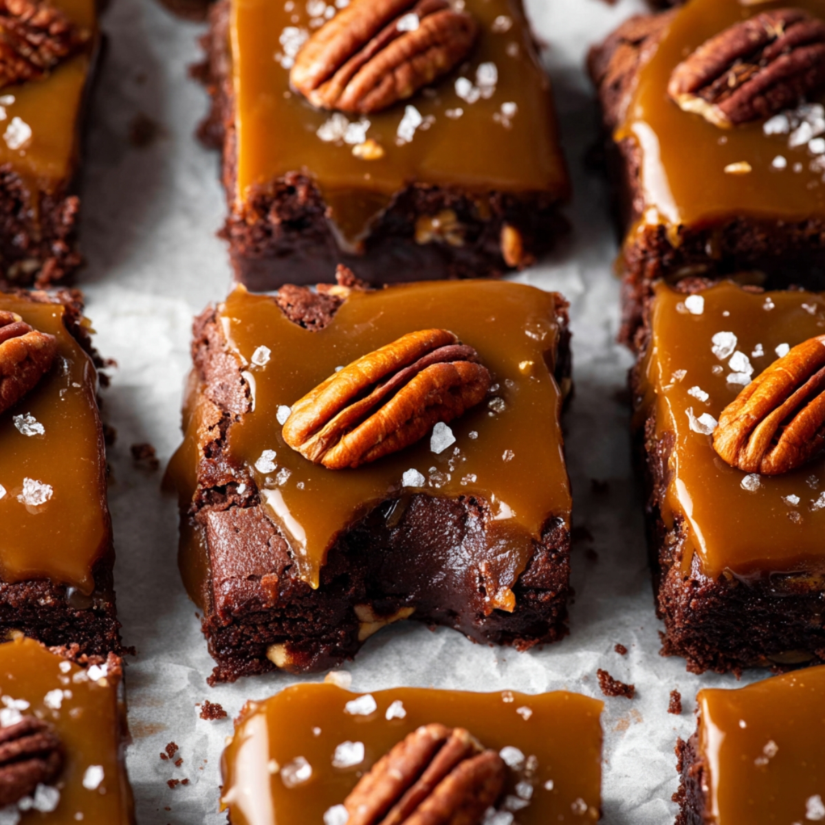 Homemade Salted Caramel Turtle Brownies with a pecan on top and sea salt flakes, with one brownie showing a bite taken out.