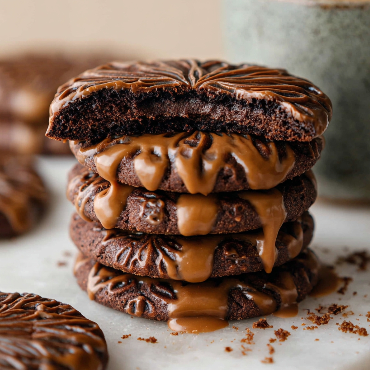 Stamped Chocolate Espresso Cookies 14 Homemade Stamped Chocolate Espresso Cookies topped with glossy espresso glaze and stamped floral designs, cooling on a gold wire rack.