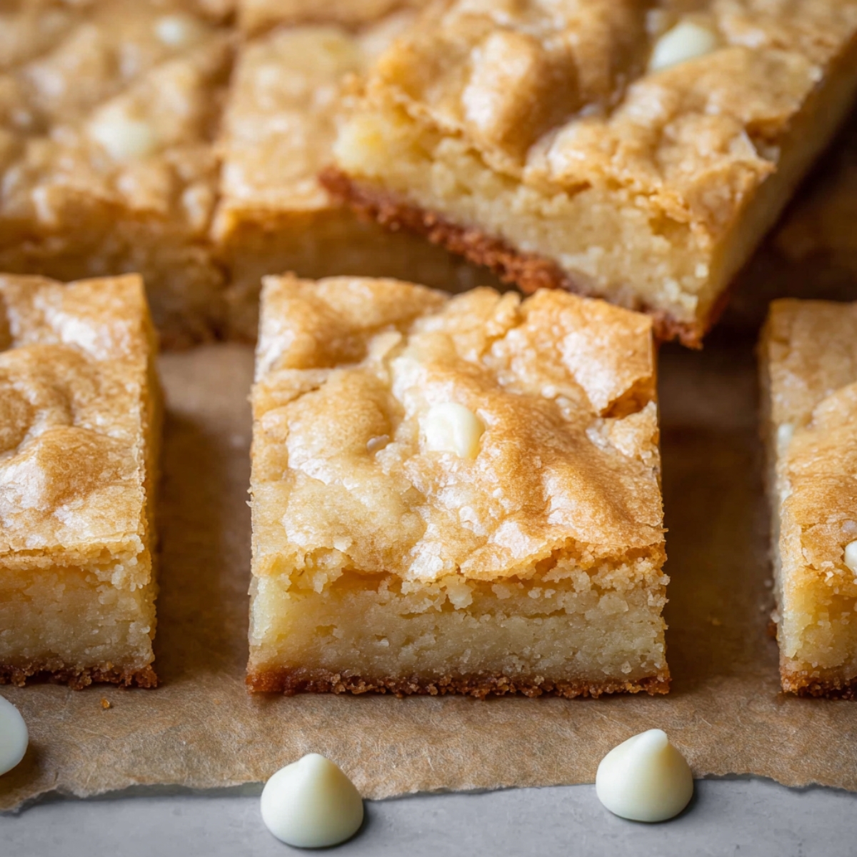 White Chocolate Brownies Recipe | Fudgy & Easy 9 Homemade White Chocolate Brownies, cut into squares with a golden, cracked top and scattered white chocolate chips.