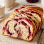 Sliced loaf of Jam Donut Babka with swirls of vibrant red fruit jam, resting on a neutral plate with a silver knife beside it.