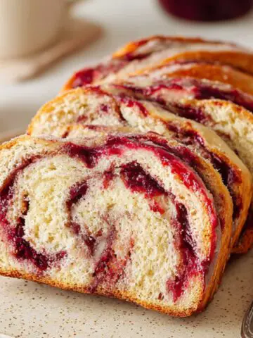 Jam Donut Babka Recipe | Soft, Vegan & Easy to Make 2 Sliced loaf of Jam Donut Babka with swirls of vibrant red fruit jam, resting on a neutral plate with a silver knife beside it.