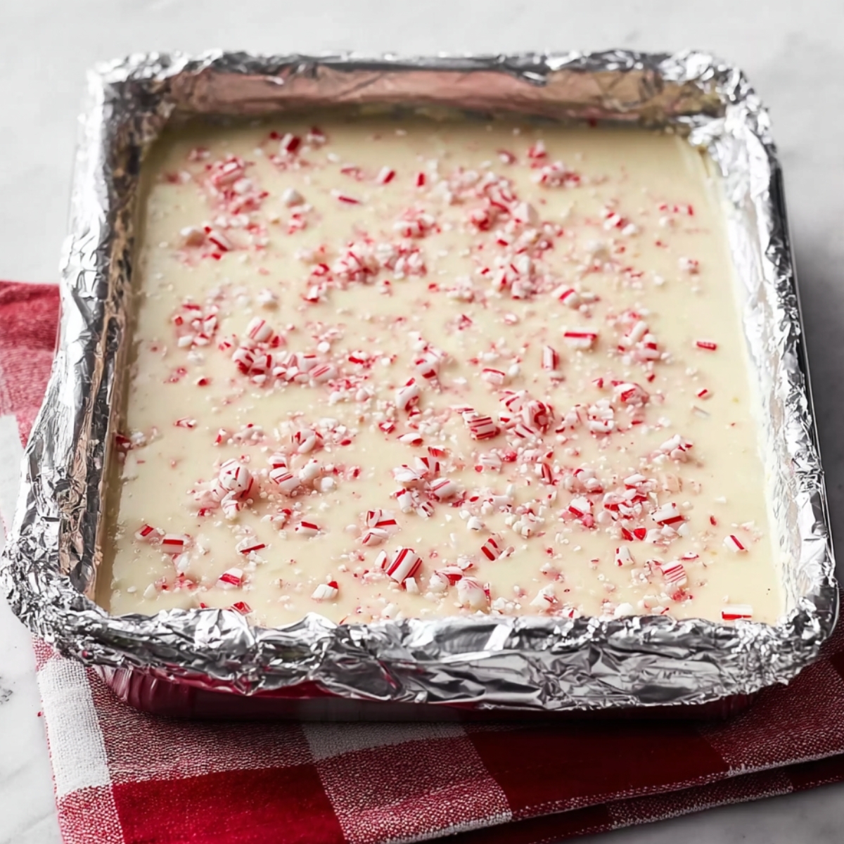 Easy Peppermint Bark Fudge Recipe | No Thermometer 12 Pour the white chocolate mixture over the chilled chocolate layer and spread it gently so you don't disturb the bottom layer. Sprinkle the extra tablespoon of crushed candy canes on top for a pretty finish.