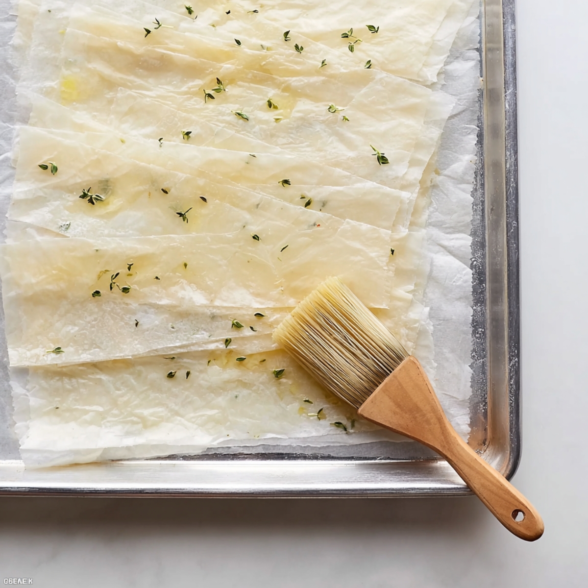 7-Step Guide to Make an Apple Brie Phyllo Galette 11 Lay your first sheet on the baking sheet and brush it lightly with melted thyme butter. Add the next sheet on top, rotated about 10 degrees so the edges fan out in different directions. Brush with butter. Keep going until all 10 sheets are layered and buttered. The rotation creates those beautiful, ruffled edges.