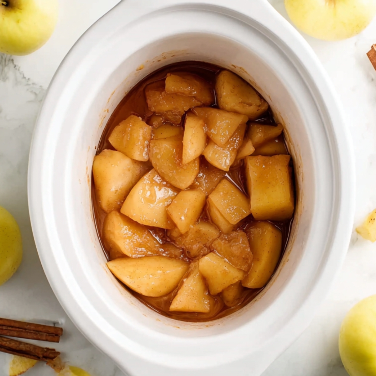 Soft cooked apples in a slow cooker after simmering for homemade crockpot applesauce.