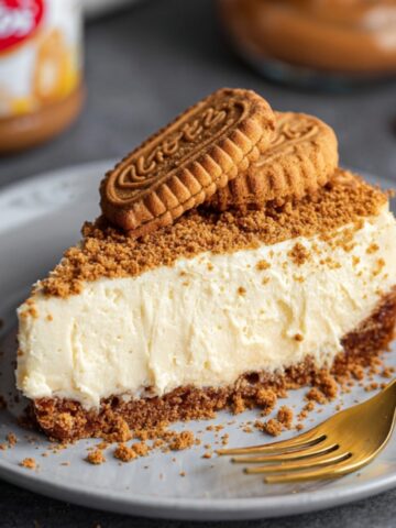Slice of Lotus Biscoff Cheesecake topped with whole biscuits and cookie crumbs, with a gold fork beside it.