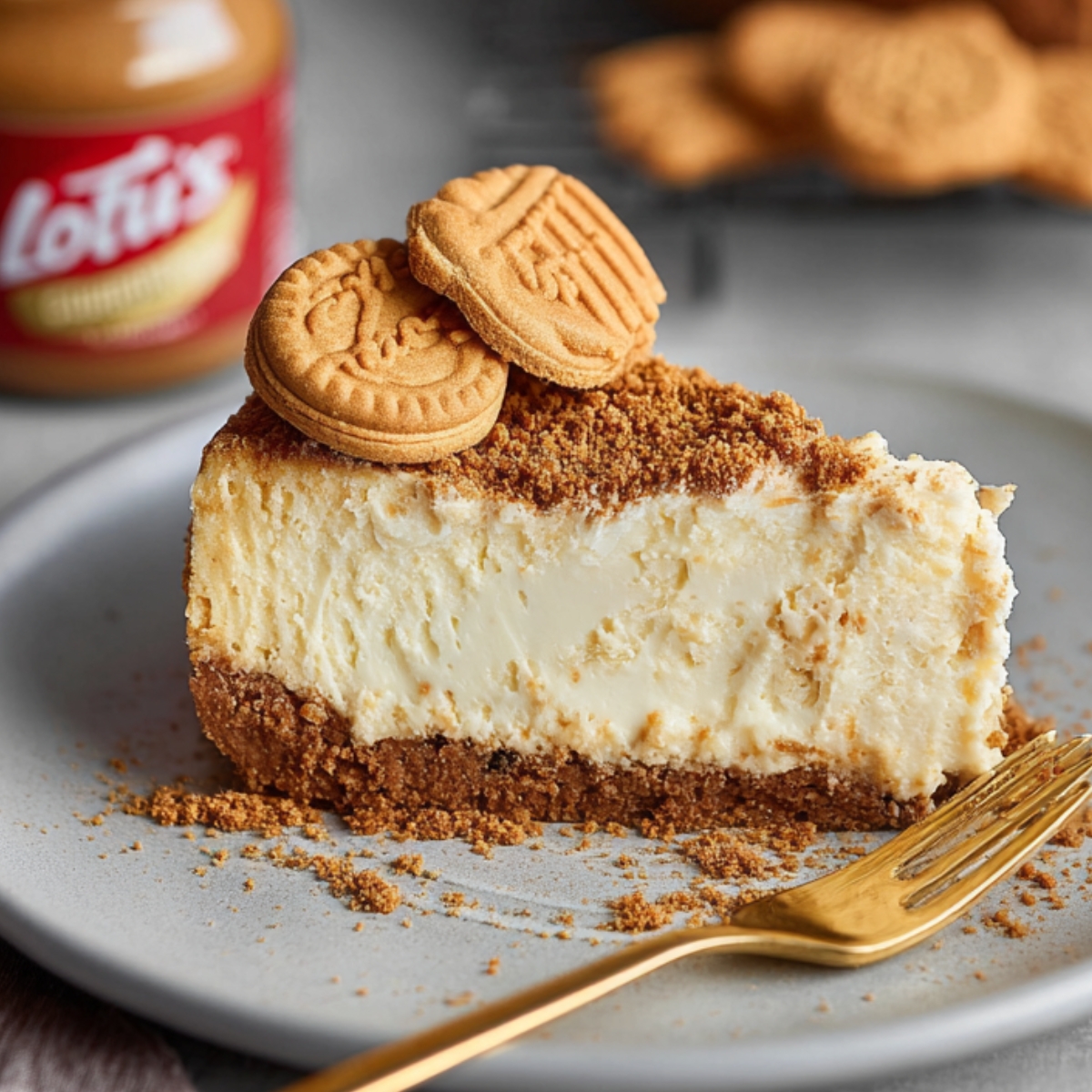 Easy Lotus Biscoff Cheesecake 14 Slice of creamy Lotus Biscoff Cheesecake Recipe with biscuit crumbs and whole Biscoff cookies on top, accompanied by a gold fork.