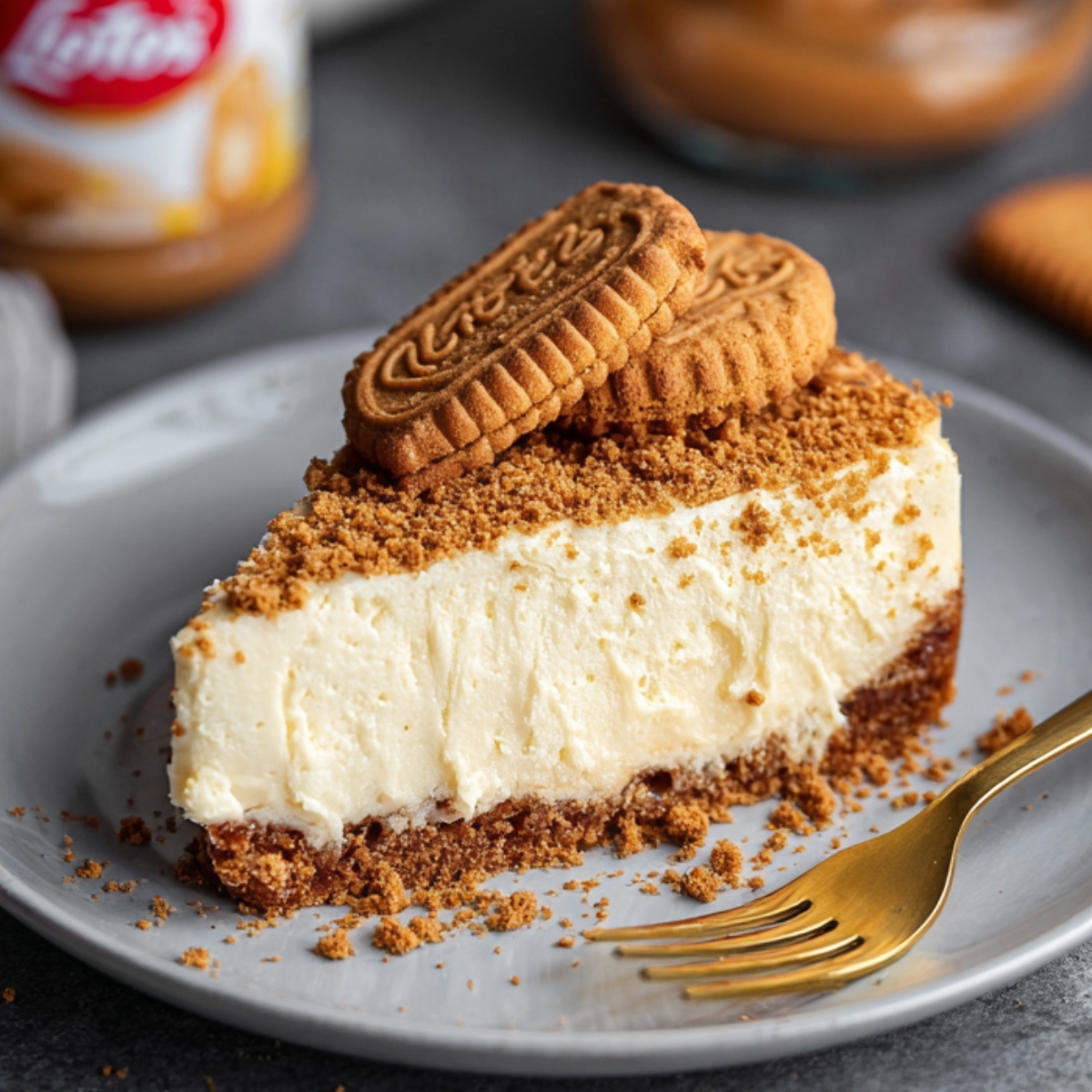 Easy Lotus Biscoff Cheesecake 9 Slice of Lotus Biscoff Cheesecake topped with whole biscuits and cookie crumbs, with a gold fork beside it.