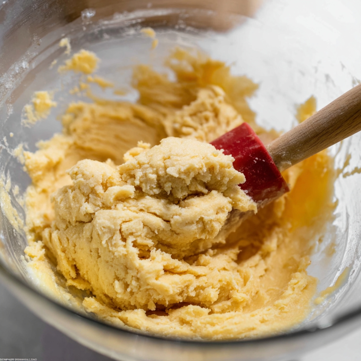 Easy Lemon Thumbprint Cookies | 7 Simple Steps 10 A close-up of the dough being mixed for lemon thumbprint cookies in a glass bowl.