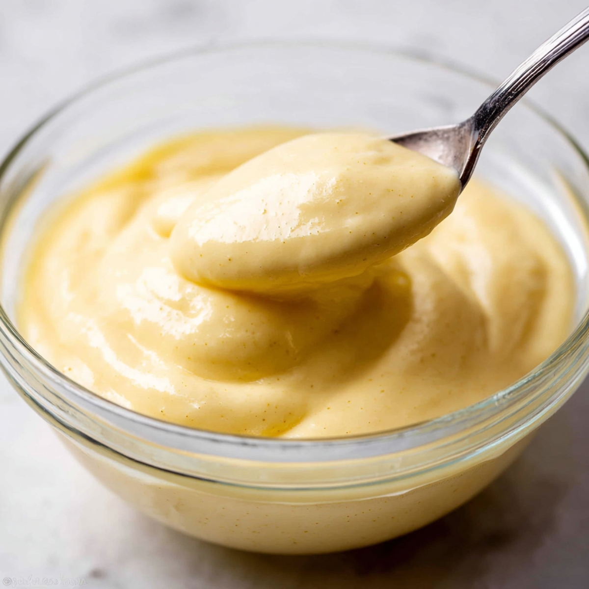 Mille Feuille Recipe | Easy French Napoleon Pastry 10 Close-up of a spoonful of smooth, homemade pastry cream in a glass bowl, with visible specks of vanilla.