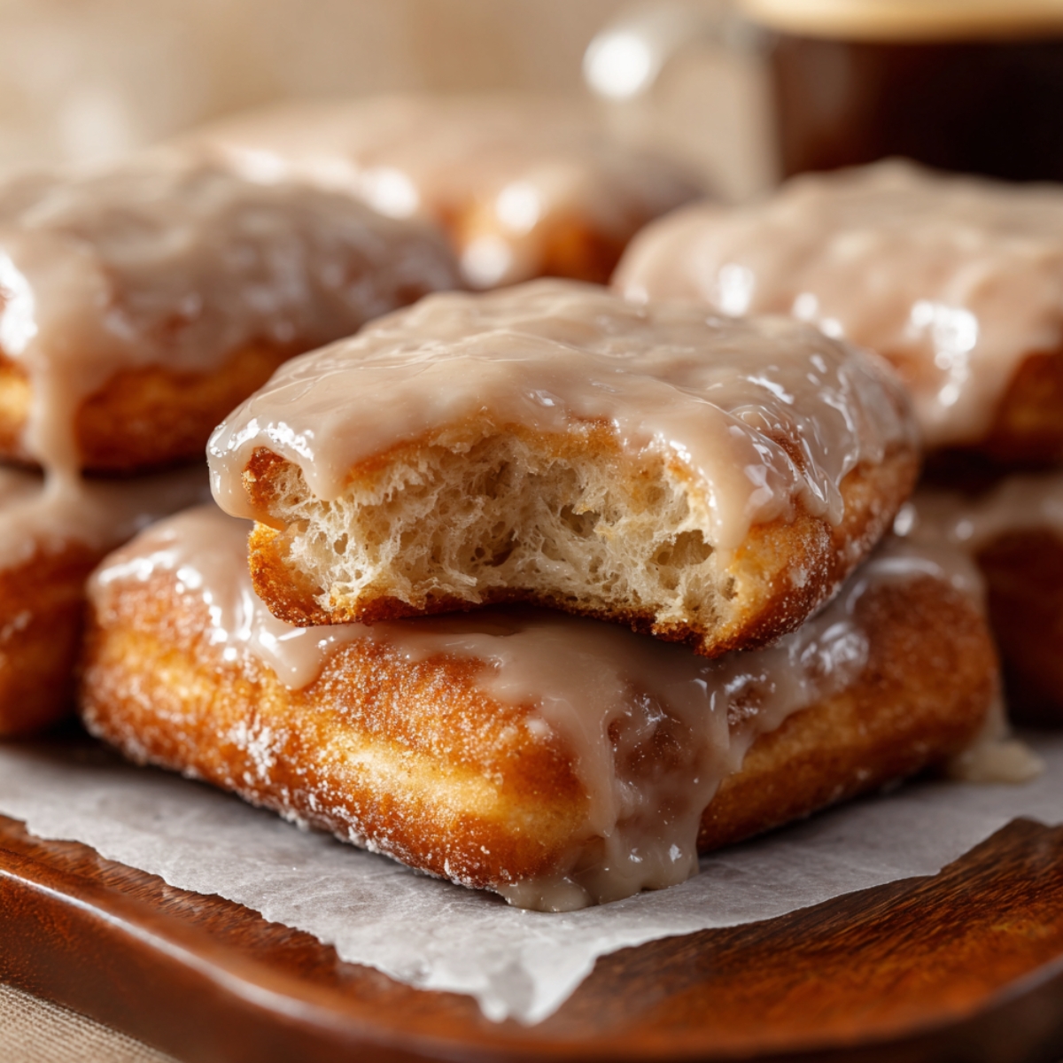 Maple Donut Bars stacked on brown parchment paper, with one showing a soft bite taken out.