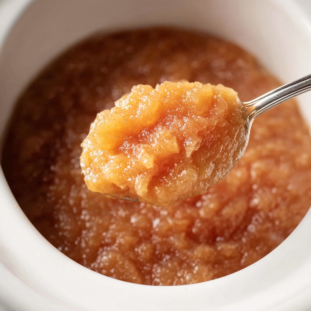 Spoon lifting a scoop of freshly cooked homemade crockpot applesauce from a slow cooker.