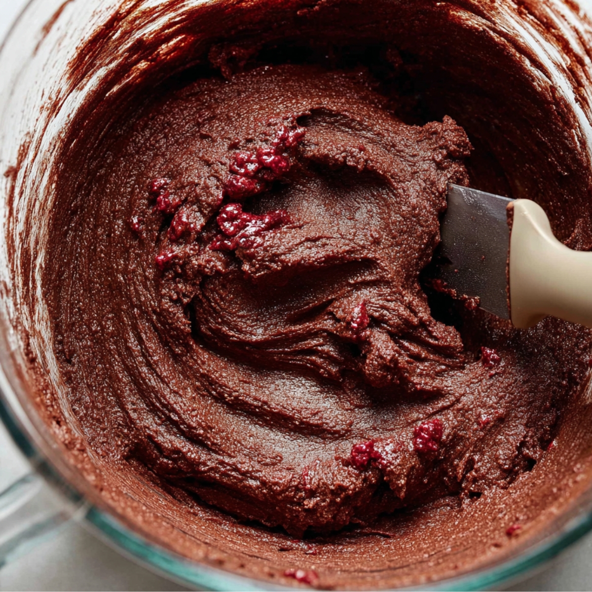 In a separate bowl, whisk together the flour, cocoa powder, baking soda, and salt until evenly combined. Gradually add this dry mixture to the wet ingredients, then stir in the raspberry preserves. Beat on low speed until just combined. The dough will be thick, sticky, and deeply chocolatey.