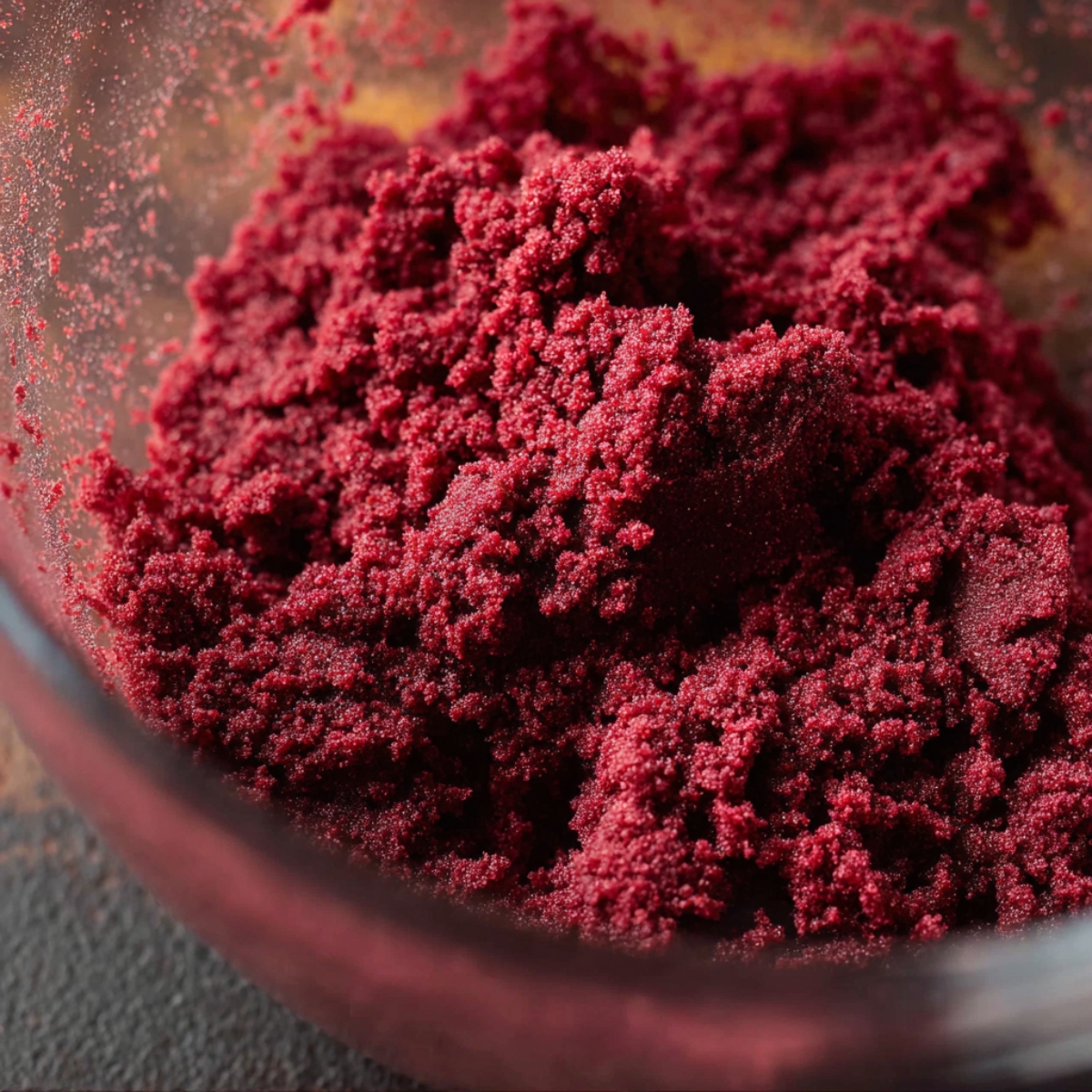 Add the red food coloring, vanilla extract, and white vinegar to the dough. Keep mixing until the dough looks crumbly but holds together when you squeeze it into a ball. The color should be evenly distributed throughout.