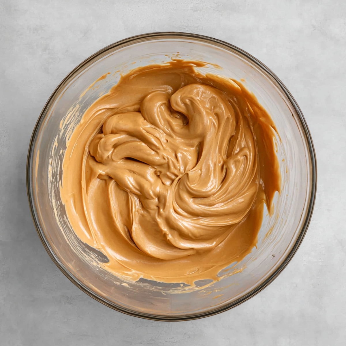 A glass bowl filled with smooth, freshly mixed peanut butter and butter for homemade Butterfinger balls.