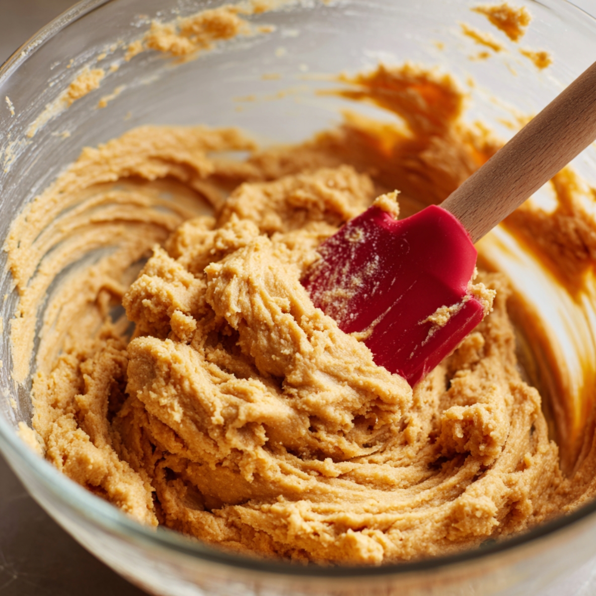 A glass bowl of homemade pumpkin cookie dough being mixed with a red silicone spatula.