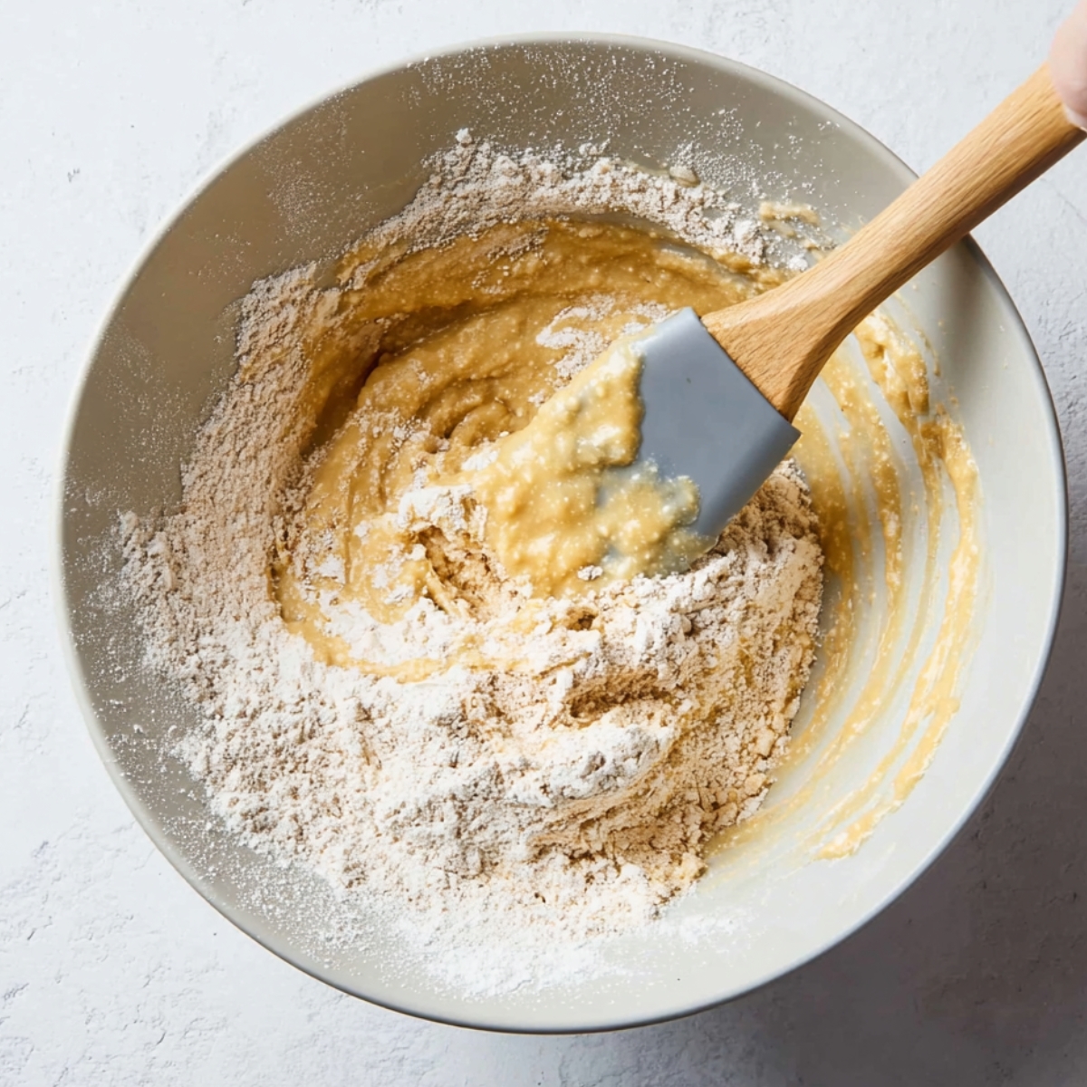 In a large mixing bowl, whisk together the flour, baking powder, baking soda, salt, cinnamon, granulated sugar, and brown sugar until everything is evenly combined. Set this bowl aside.