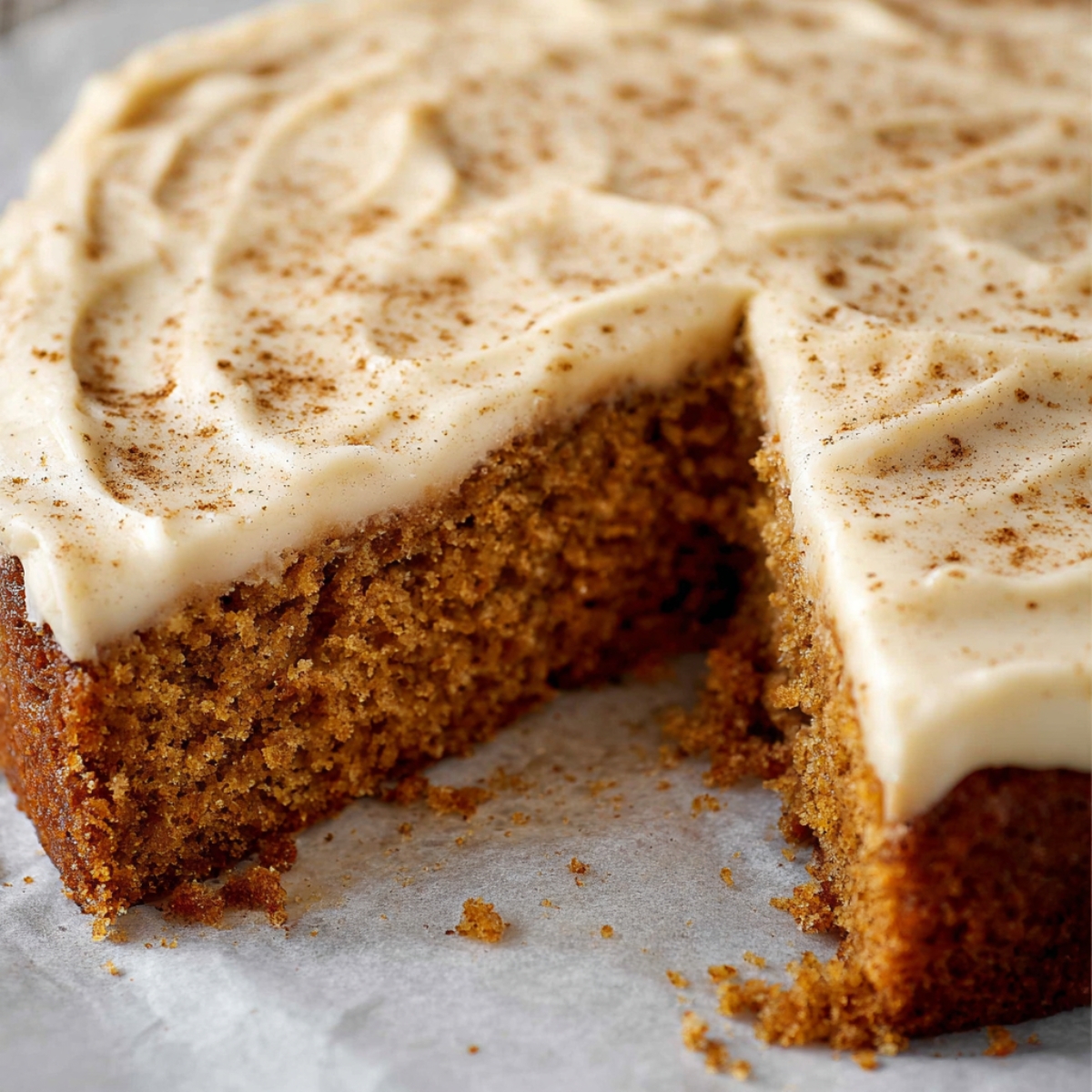 Easy Moist Spice Cake Recipe 13 A homemade spice cake with a smooth layer of cream cheese frosting, topped with a light sprinkle of cinnamon. A slice has been cut from the cake, revealing its moist, crumbly texture inside. The cake sits on parchment paper, with a few crumbs scattered around the edges, giving it a freshly baked, homemade look.