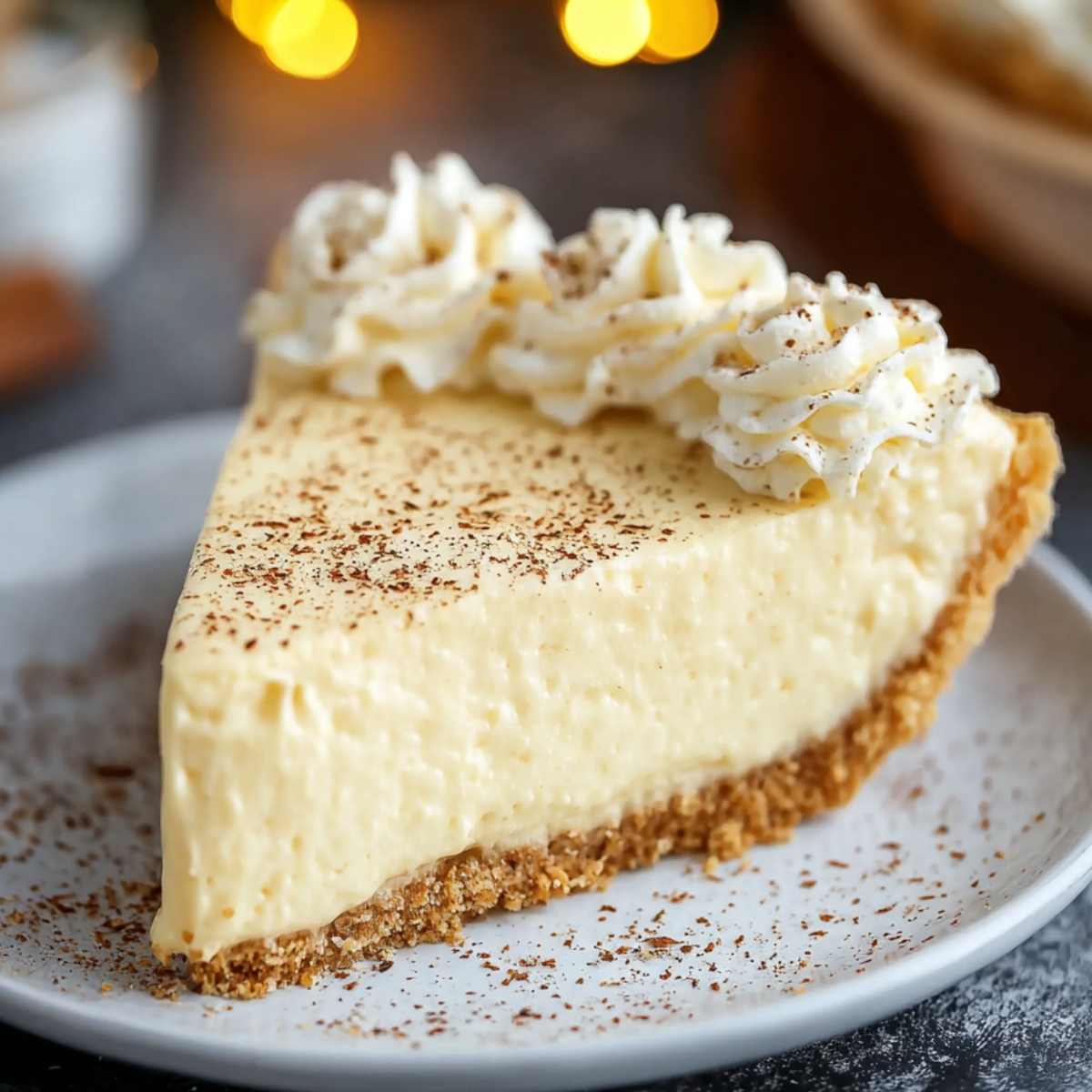No Bake Eggnog Pie with a graham cracker crust, smooth creamy filling, topped with whipped cream swirls and a sprinkle of cinnamon, placed on a rustic white plate.