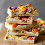Peanut Butter White Chocolate Bark with colorful candy toppings.