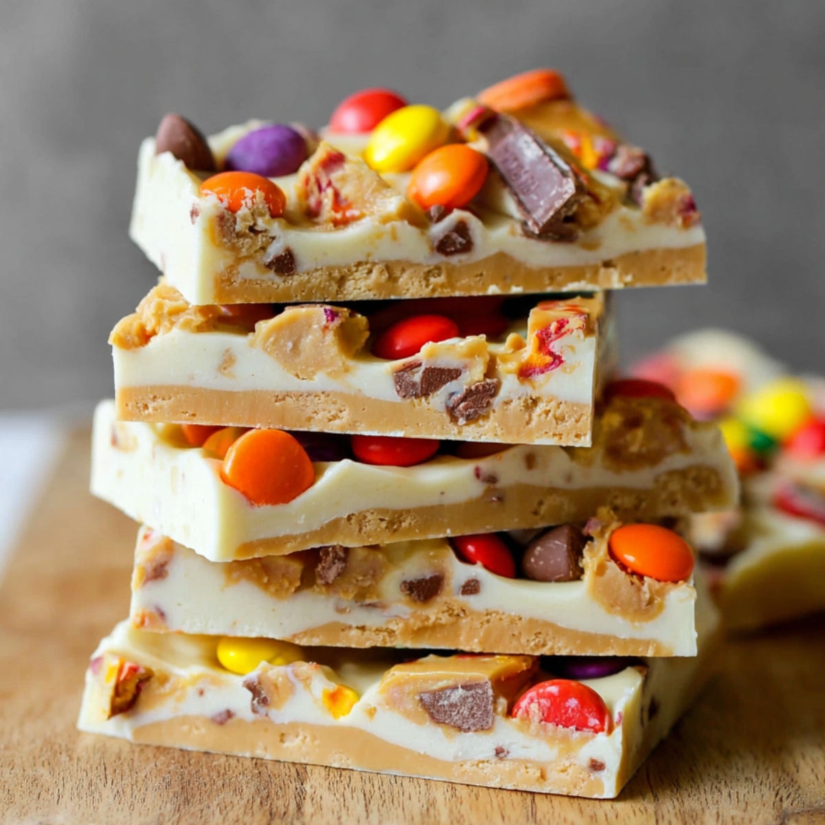 Peanut Butter White Chocolate Bark 9 Peanut Butter White Chocolate Bark with colorful candy toppings.