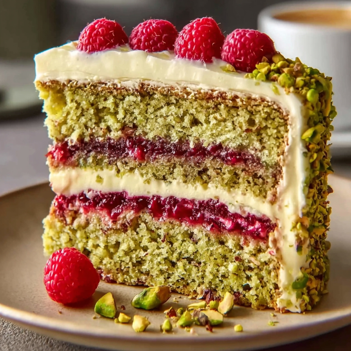 Easy Pistachio Raspberry Dream Cake 10 A homemade slice of pistachio cake layered with raspberry jam and cream, topped with fresh raspberries and coated in crushed pistachios, served on a plate with scattered nuts.