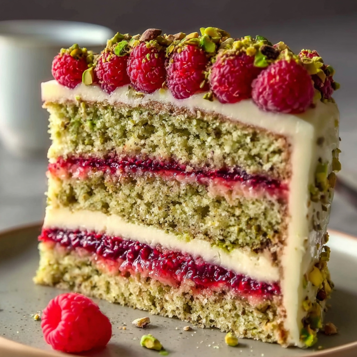 Easy Pistachio Raspberry Dream Cake 11 A homemade slice of pistachio cake with raspberry jam and cream layers, topped with fresh raspberries and chopped pistachios, served on a plate with a raspberry beside it.