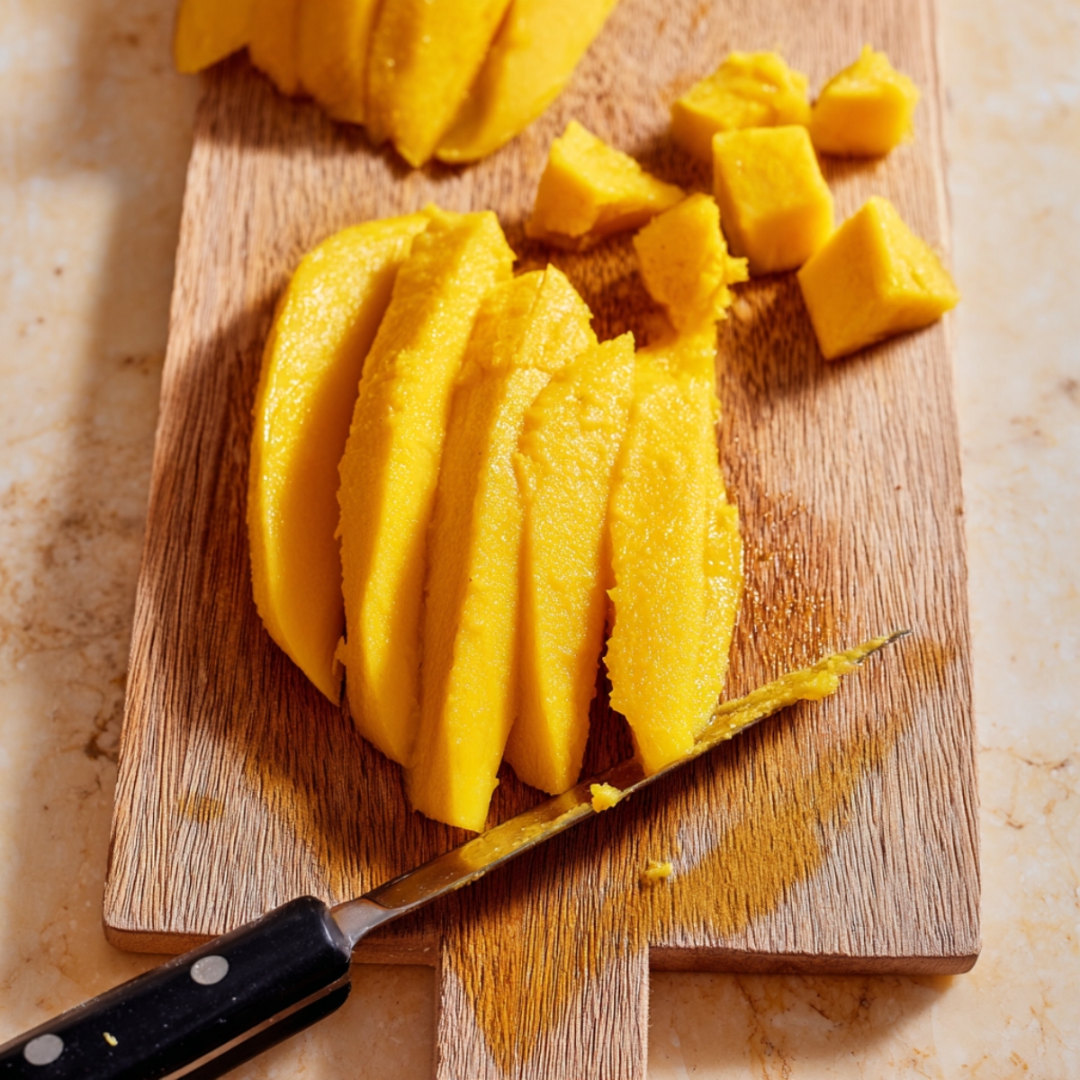 Easy Dehydrate Mango Recipe 10 Peel each mango, then cut vertically around the core to get four large sections from each fruit. Slice those sections into strips about ¼ inch thick and ½ inch wide. Try to keep them roughly the same size so they dry evenly.