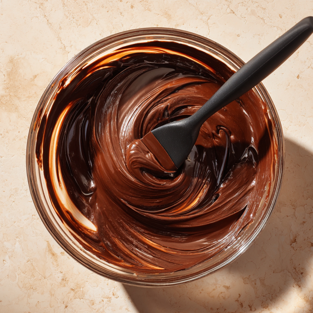 The Best Raspberry Brownies Recipe 10 A glass bowl of glossy melted chocolate being stirred with a black spatula on a beige kitchen countertop.