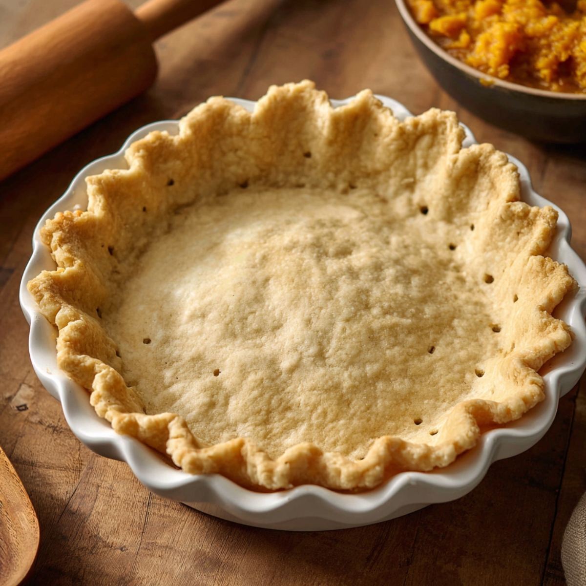 A homemade pie crust in a white ceramic pie dish, fully baked and lightly golden with crimped edges and small fork holes.