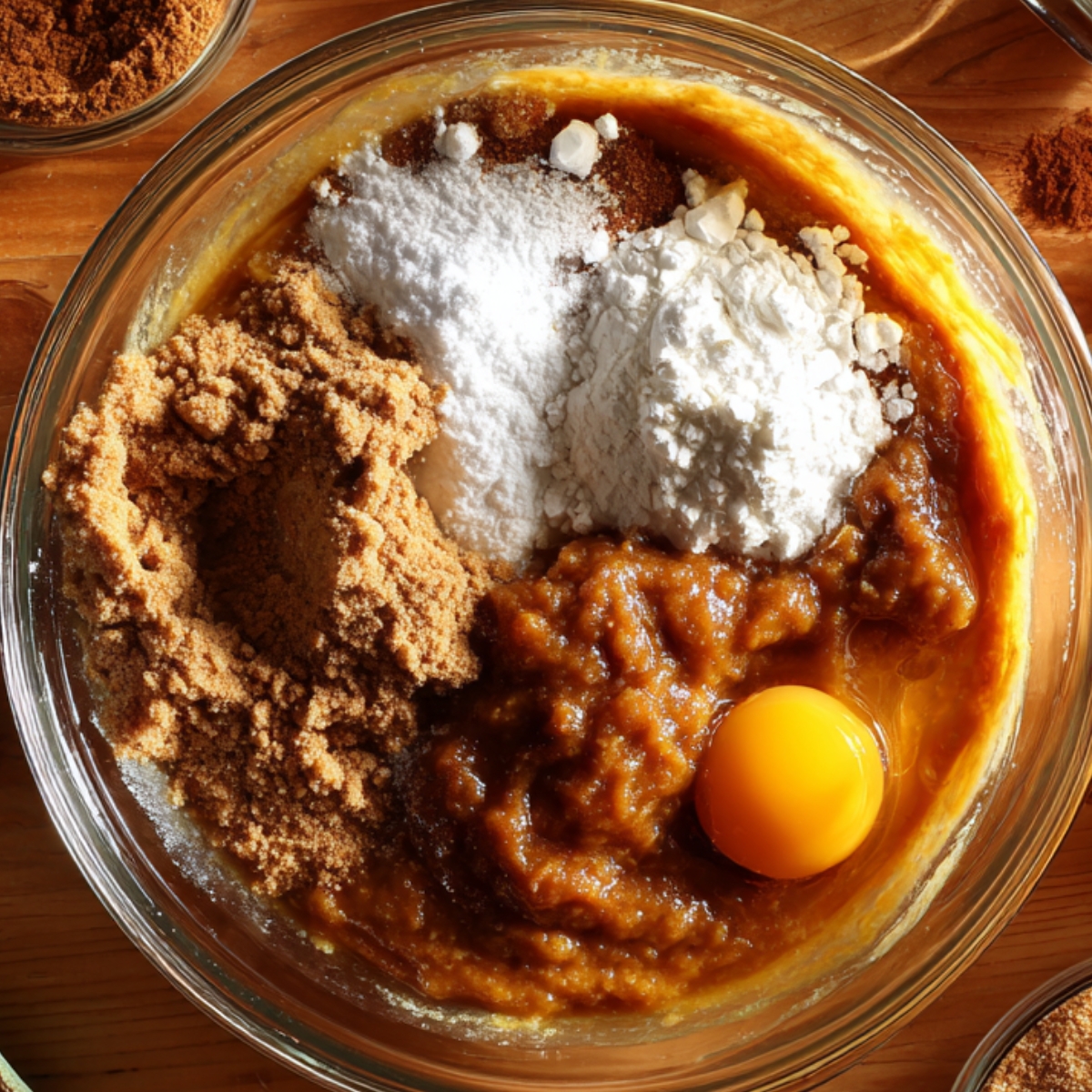 A bowl of pumpkin pie filling ingredients—pumpkin purée, brown sugar, flour, spices, and an egg—sitting un-mixed in a glass bowl on a wooden surface.