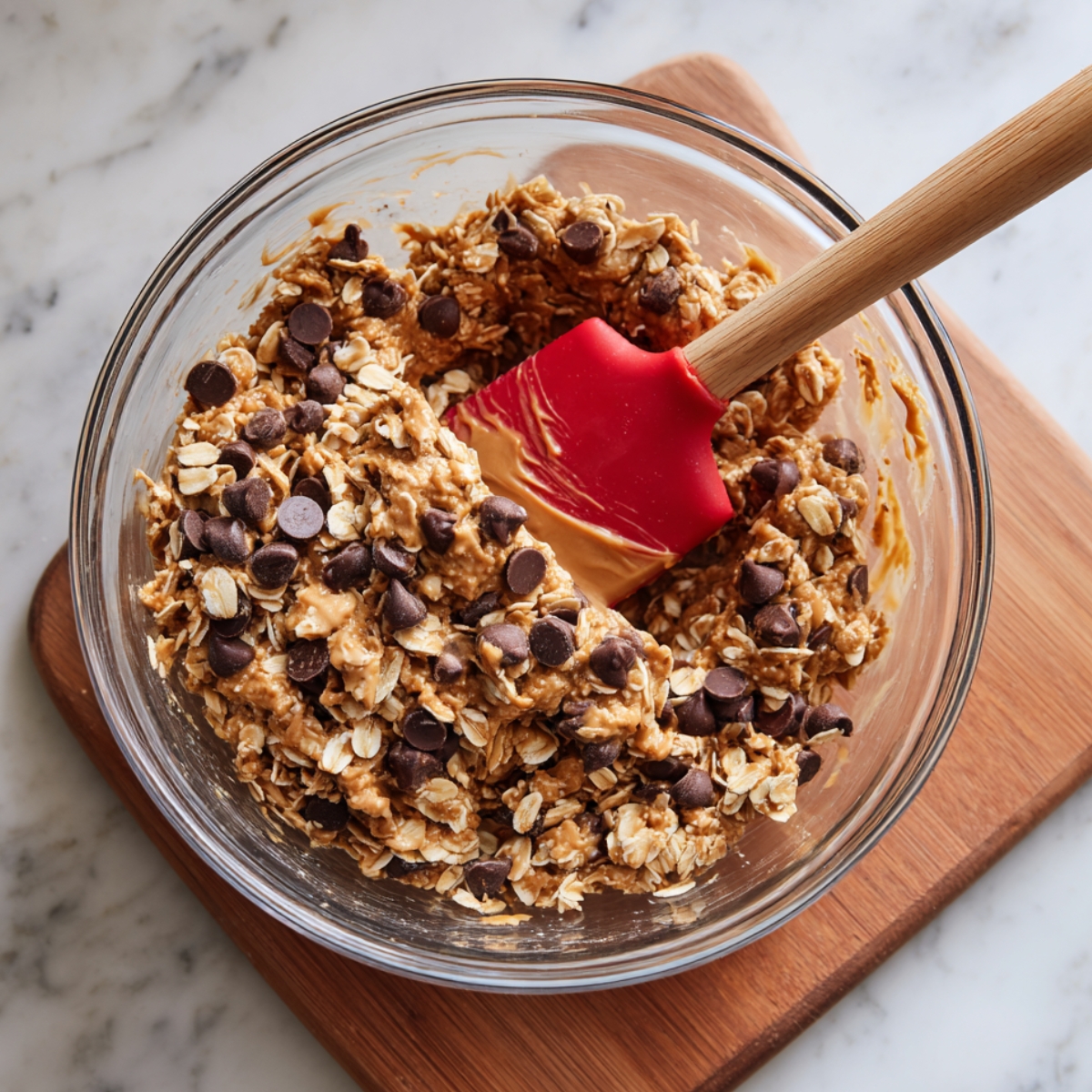A glass mixing bowl filled with a mixture of oats, chocolate chips, and peanut butter, with a red spatula stirring the ingredients. The mixture has a slightly chunky texture, showing oats and chocolate chips evenly distributed.
