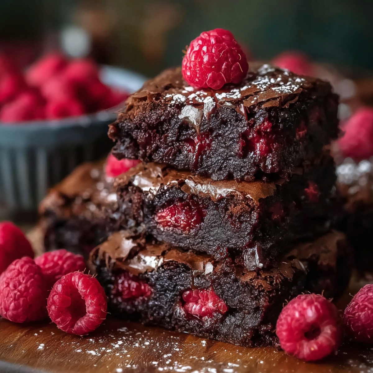 The Best Raspberry Brownies Recipe 12 A stack of homemade chocolate raspberry brownies topped with fresh raspberries and dusted with powdered sugar.