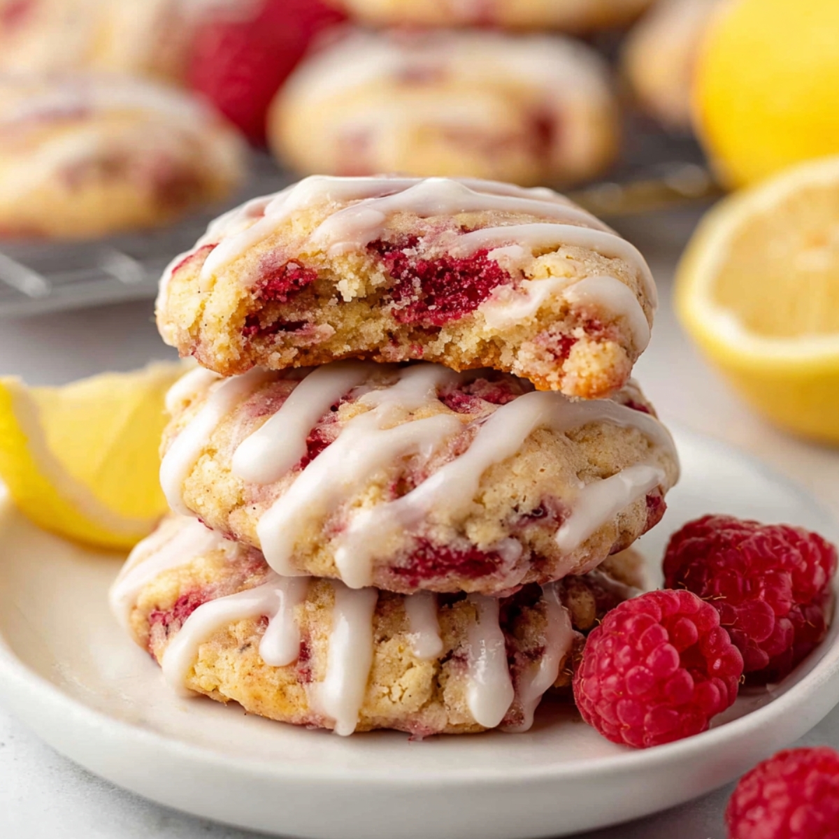A stack of raspberry-lemon cookies with white icing, one bitten into, placed on a white plate with fresh raspberries and a lemon wedge.