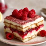 A slice of raspberry tiramisu topped with fresh raspberries and a dusting of cocoa powder, showing layers of sponge cake, creamy filling, and raspberry sauce.