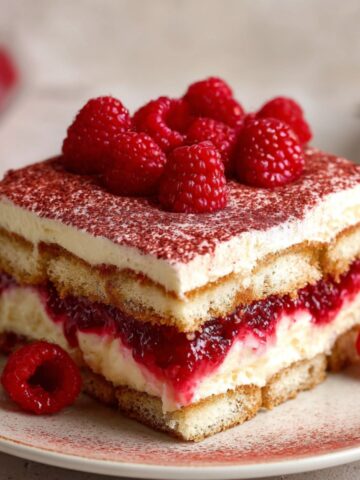Raspberry Tiramisu Recipe | Creamy & Easy Italian Dessert 1 A slice of raspberry tiramisu topped with fresh raspberries and a dusting of cocoa powder, showing layers of sponge cake, creamy filling, and raspberry sauce.
