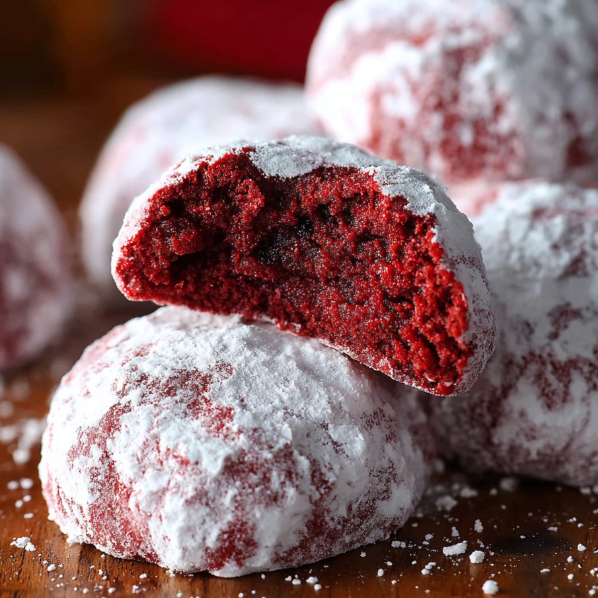 Red Velvet Snowball Cookies dusted with powdered sugar, one cookie broken open to show the soft red interior.