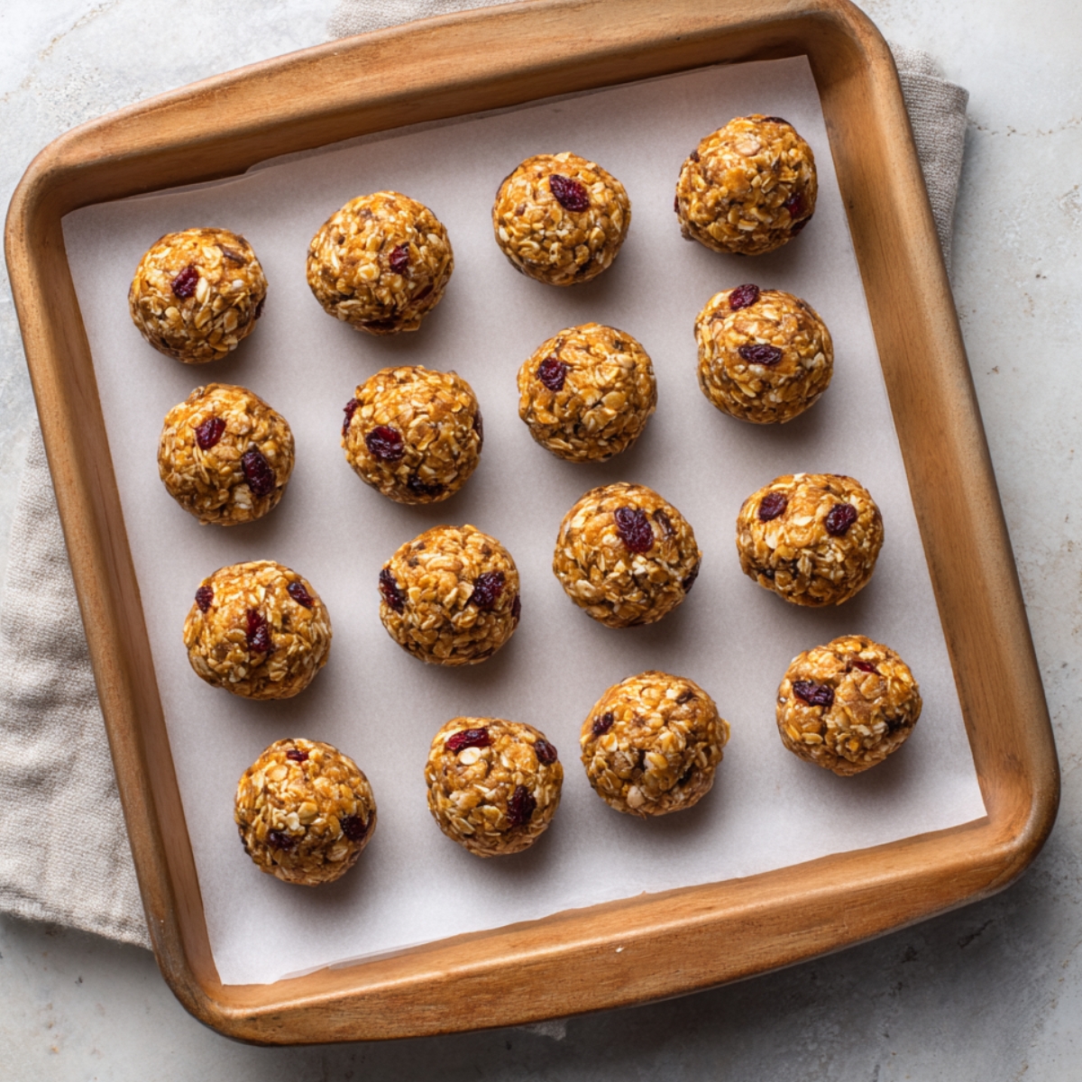 A wooden tray with neatly arranged homemade energy bites, each ball made of oats and dried cranberries, placed on parchment paper. The energy balls are round and evenly spaced, showcasing their simple and homemade appearance.