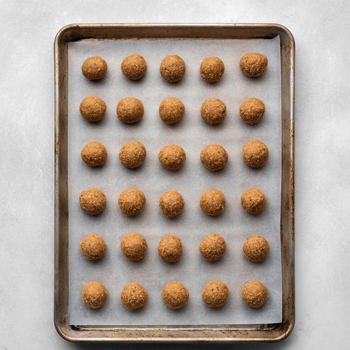 A baking sheet lined with parchment paper holding neatly rolled homemade Butterfinger ball dough pieces arranged in even rows.