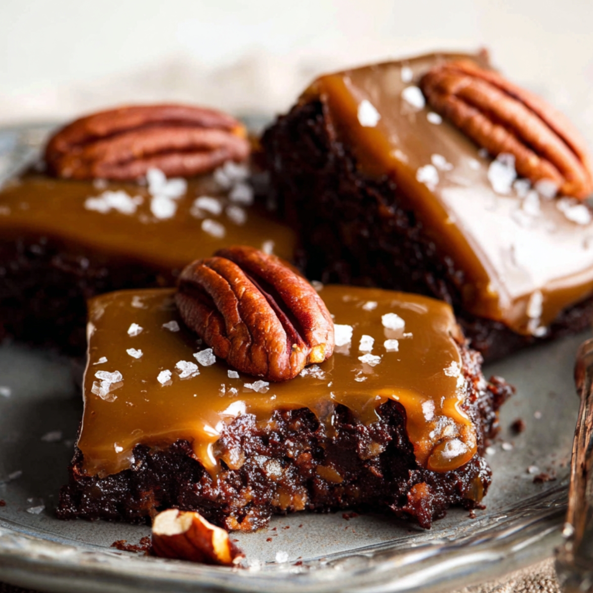 Salted Caramel Turtle Brownies with a bite taken out, topped with a pecan and sea salt flakes.