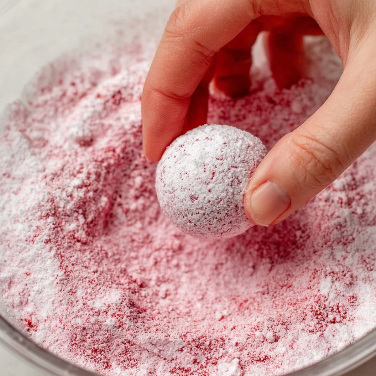 Roll each ball generously in the raspberry sugar mixture, making sure it's fully coated.